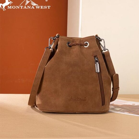 Montana West Hair-On Cowhide Drawstring Crossbody Brown Bucket Bag - Picture 5 of 6